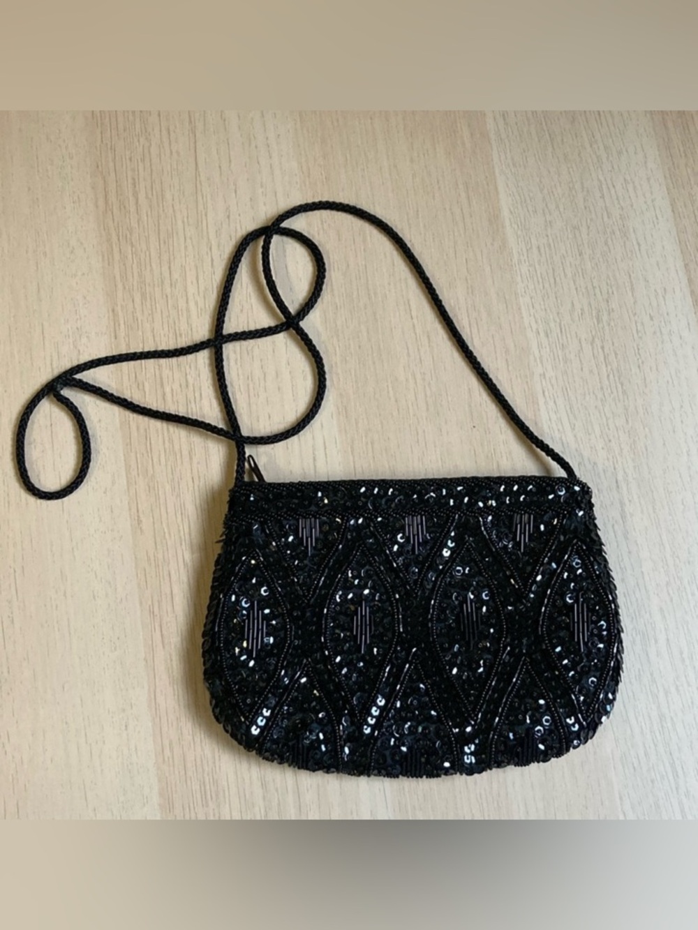 Black Beaded Evening Clutch with Shoulder Cord, Chic Formal Bag Purse Prom